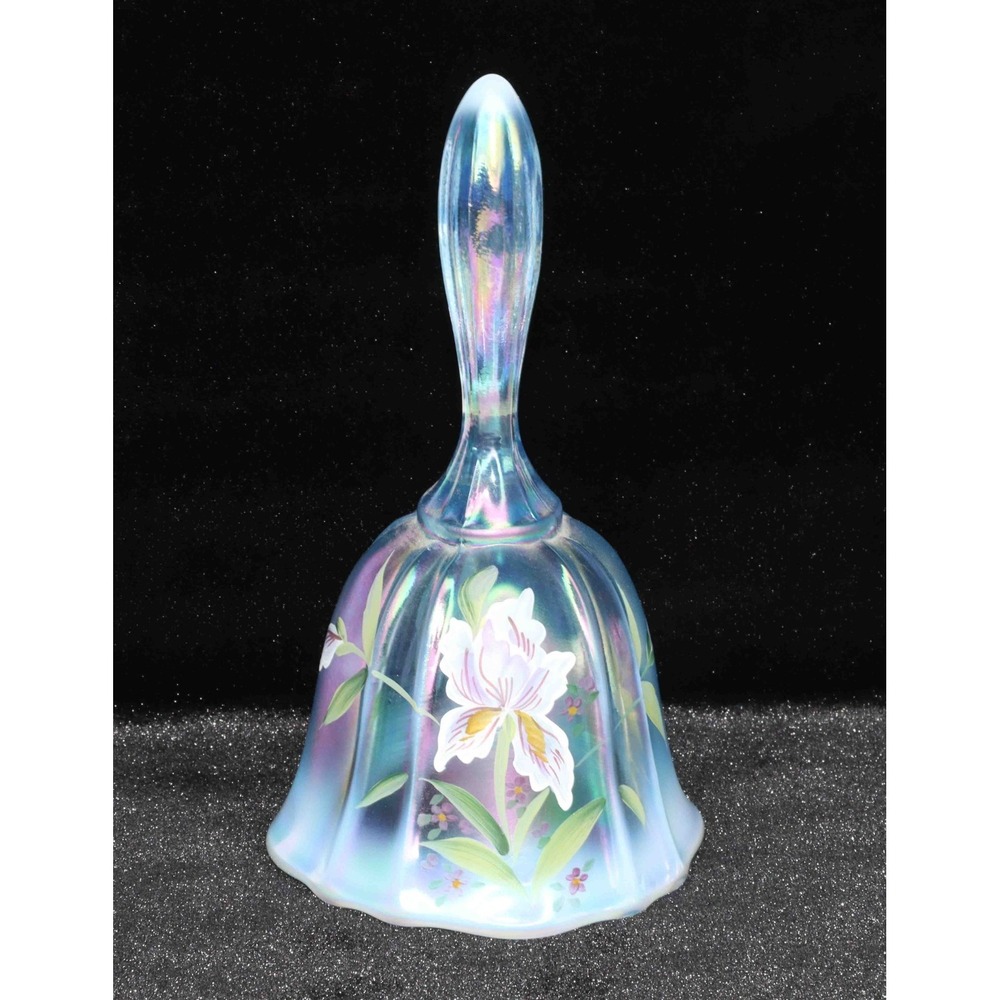Fenton Misty Blue Opalescent Glass Hand Painted Iris 6 3/4" Bell Artist Watson